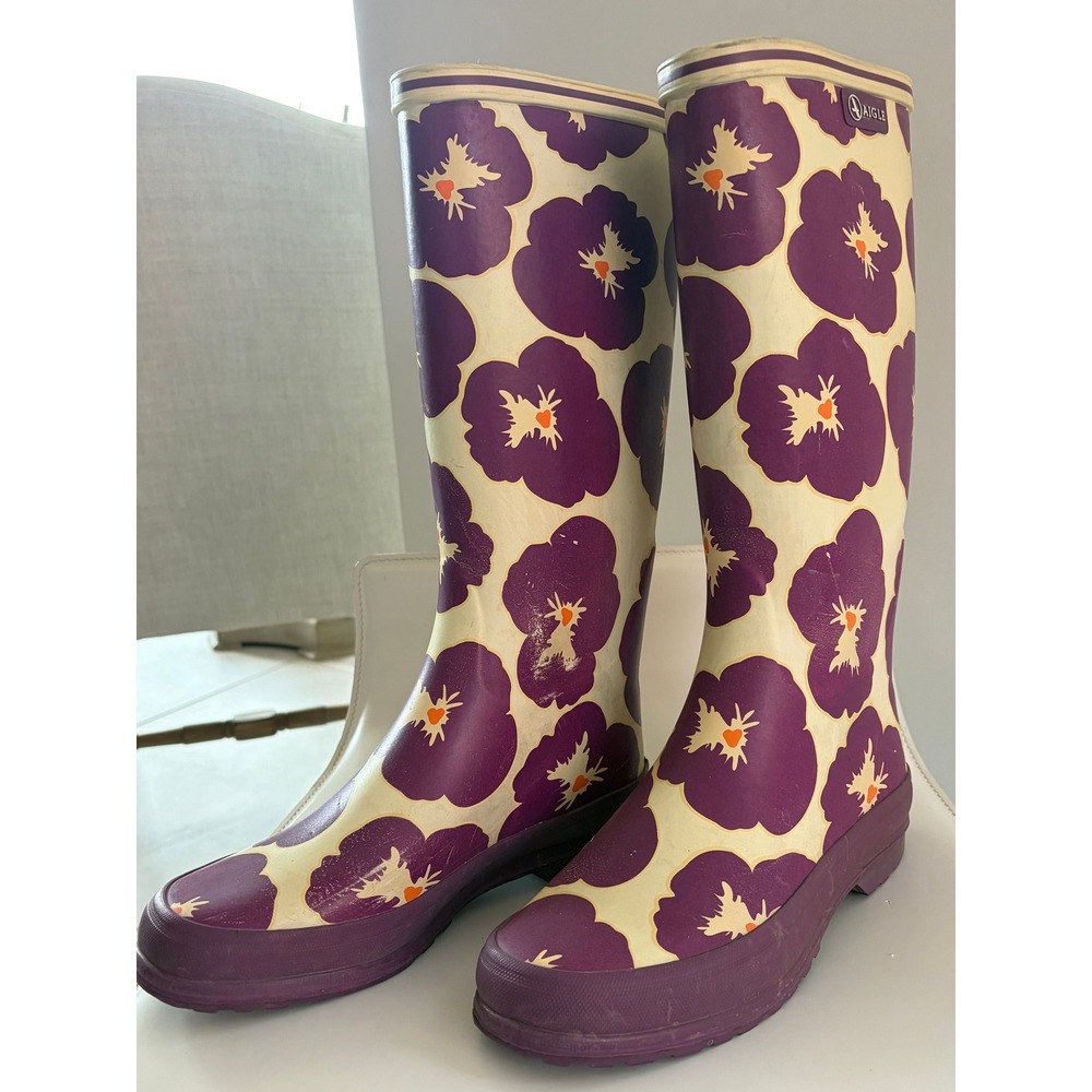 Aigle Purple Floral Pansy Print Rubber Rain Boots Tall Waterproof EU 39 US 8